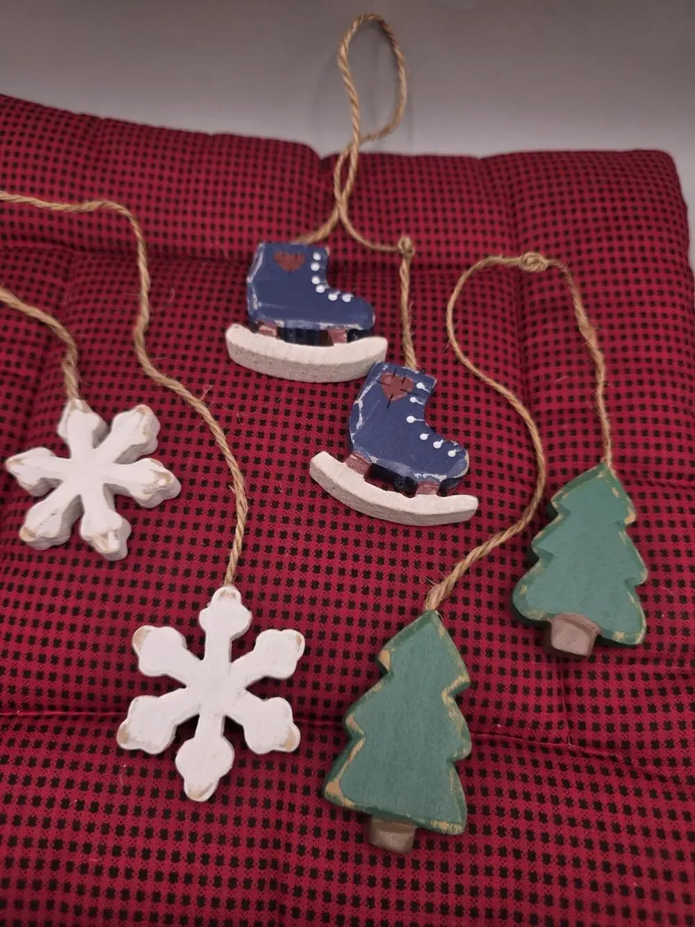 Country Primitive Wood Christmas Ornament Lot Ice Skates Trees Snowflakes...